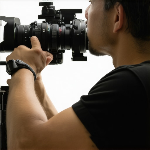 Filmmaker adjusting lens mount on camera in a studio setting