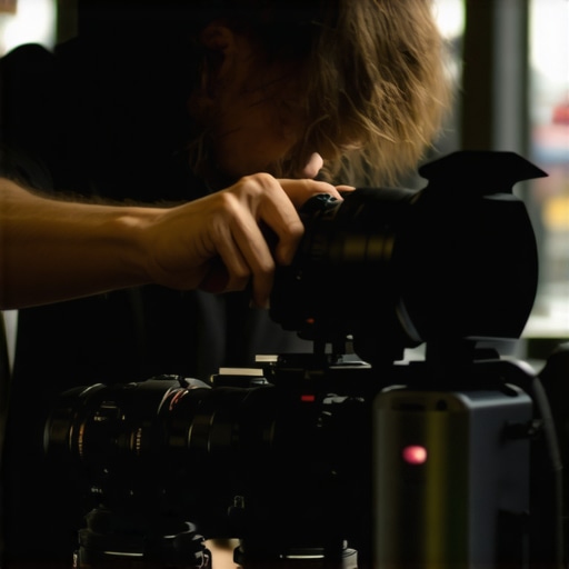 Filmmaker adjusting cinematic lenses on camera setup in studio