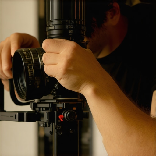 A filmmaker fine-tuning a vintage cine lens in a dimly lit studio, showcasing craftsmanship and attention to detail.
