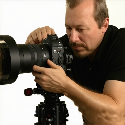 Cinematographer adjusting camera with prime and zoom lenses in studio