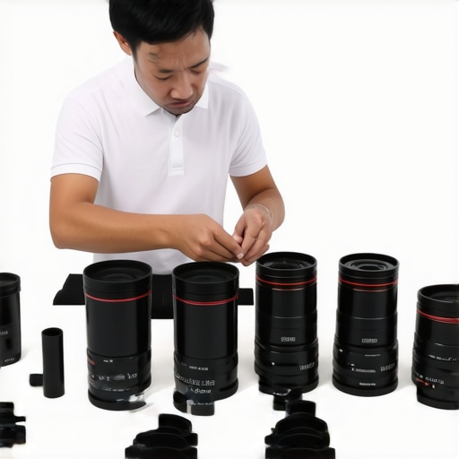A professional filmmaker cleaning and calibrating cine lenses and adapters in a studio setting.