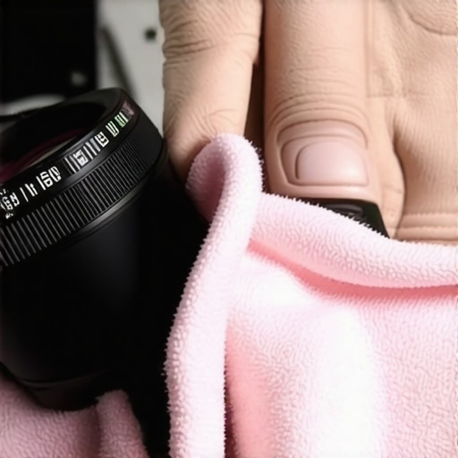 A filmmaker cleaning a cine lens using professional tools in a studio setting