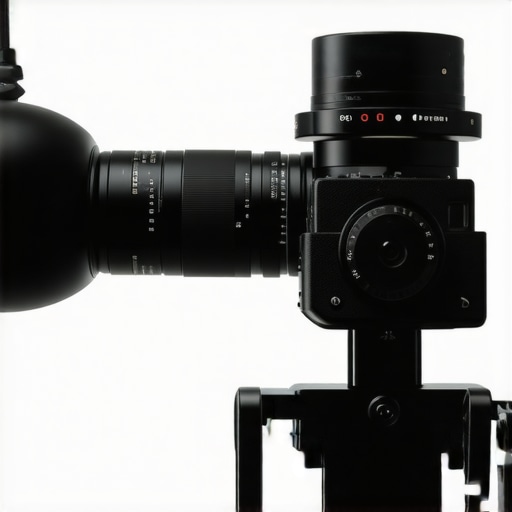 A cine lens mounted on a cinema camera in a studio environment