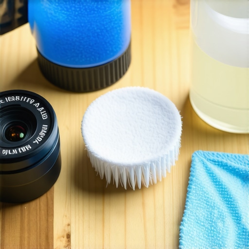 Close-up of a lens cleaning kit with microfiber cloth, blower, and cleaning solution for camera lens maintenance.