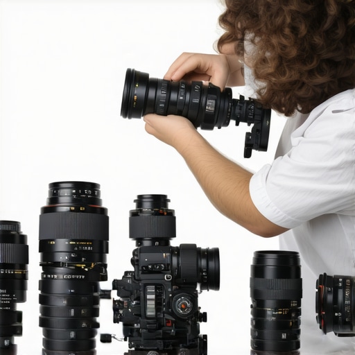 A cinematographer preparing camera with multiple lenses and adapters in a studio setting