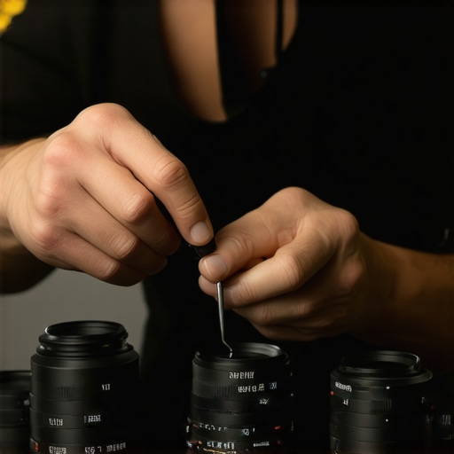 A filmmaker cleaning and inspecting lenses in his studio with professional tools.