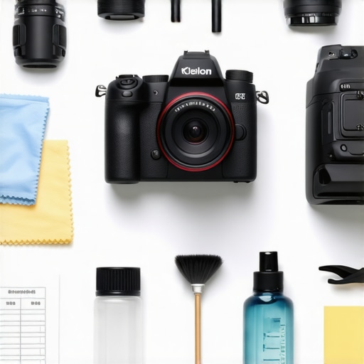 Camera lenses and maintenance tools arranged on a workspace for cleaning and calibration