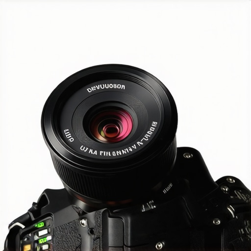 Close-up of cine lens with electronic contacts on camera mount