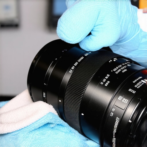 A technician carefully cleaning a cinema lens mount with microfiber cloth and compressed air.