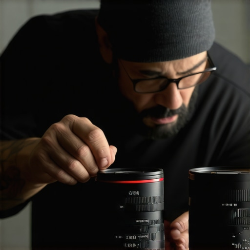 Filmmaker inspecting cine lenses with precision tools in a studio environment