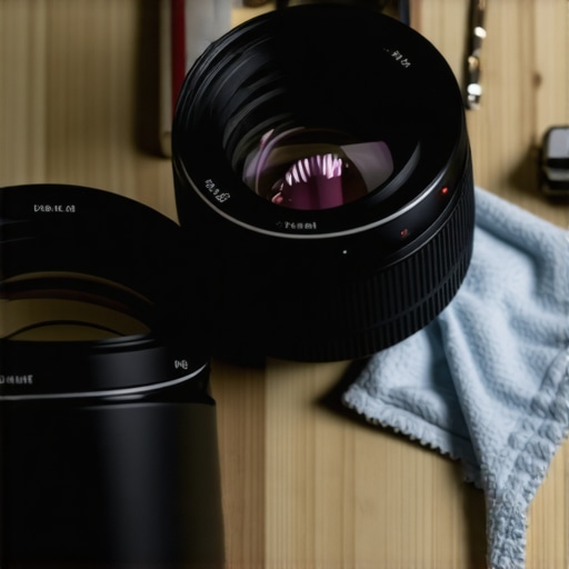 A technician carefully cleaning a professional cine lens using specialized tools and microfiber cloth.