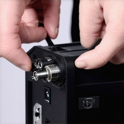 A technician tightening a power connector on a professional cine setup to prevent power failure.