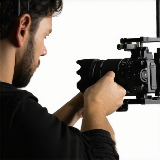 Filmmaker securing lens mount with screwdriver during shoot setup