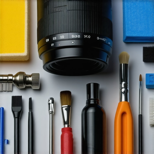 A set of precision tools and cleaning supplies arranged for cine lens maintenance
