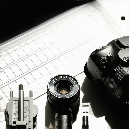 A focus calibration kit with precision tools laid out for camera setup