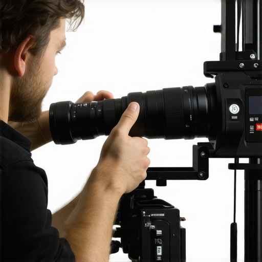 A film technician fine-tuning a zoom lens on a cinema camera during setup.