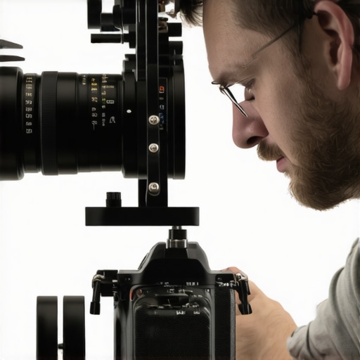 Technician carefully attaching a cine lens adapter to a camera rig during a professional shoot.
