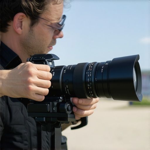 A cinematographer holding a high-end telephoto prime lens with advanced coatings in a bright film set