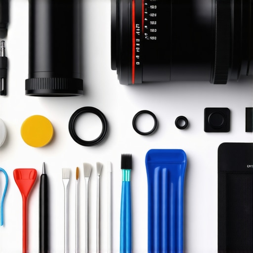 A collection of cine lens maintenance tools including cleaning supplies, shims, and calibration equipment