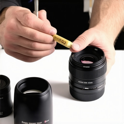 A technician cleaning and maintaining cine lenses with specialized tools in a studio.