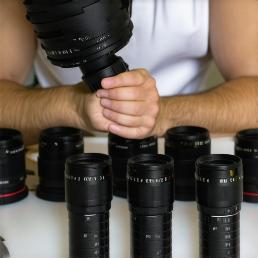 A cinematographer using specialized tools to clean and calibrate high-end cine lenses for optimal performance.