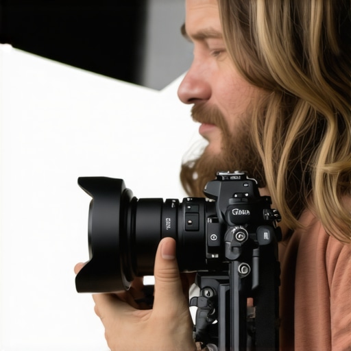 A camera operator tightening a mount on a heavy cine zoom lens attached to a volumetric cinema setup.